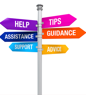 Signs reading help, assistance, support, tips, guidance, advice